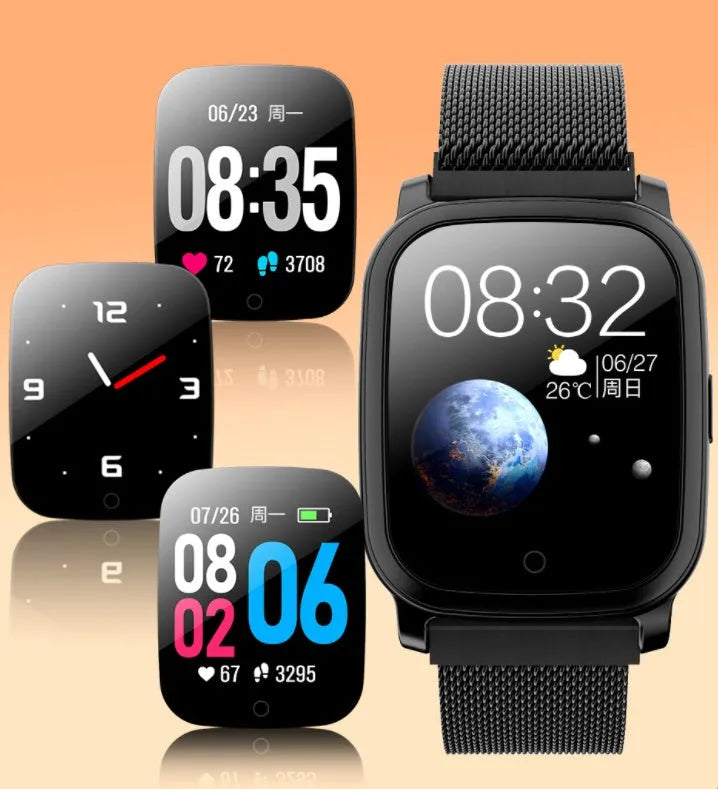 Smart pedometer watch with temperature measurement on wrist, showing 1.3-inch screen displaying fitness data