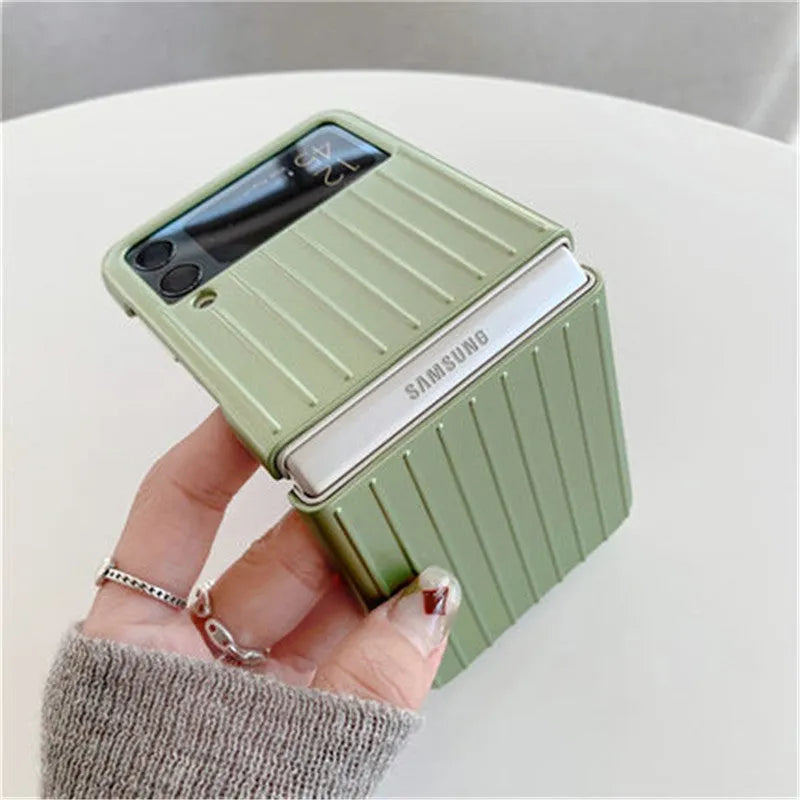 Samsung Z Flip3 ultra-thin flip phone case in solid black, red, pink, silver, gold, sky blue, and light green colours.