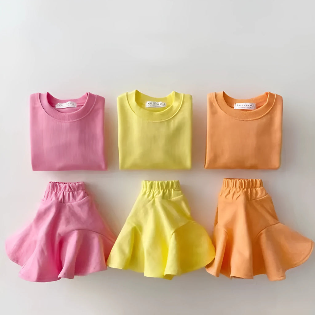 Baby girls' cotton skirt suit two-piece set in orange, long sleeve pullover, Korean style