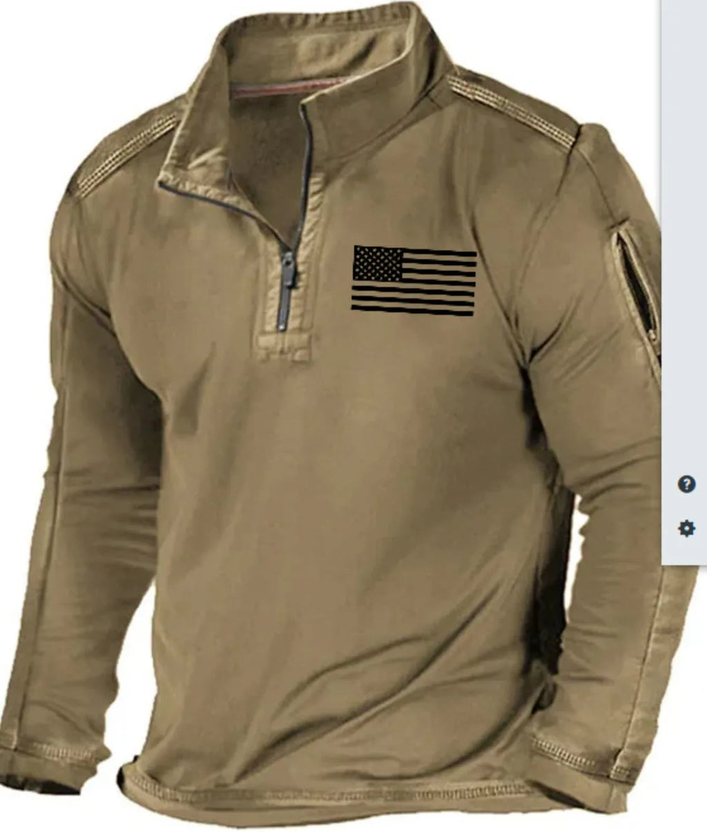 Men's grey zip-up stand collar long-sleeved sports sweater on a hanger