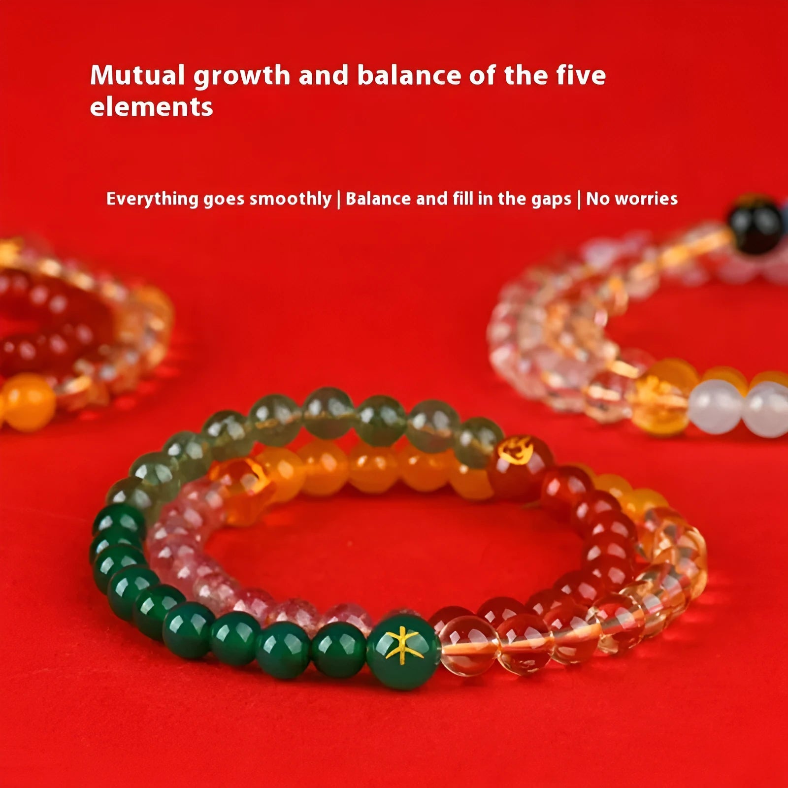 Handmade Duobao crystal Five Elements double ring bracelet in gold wood water fire soil colours