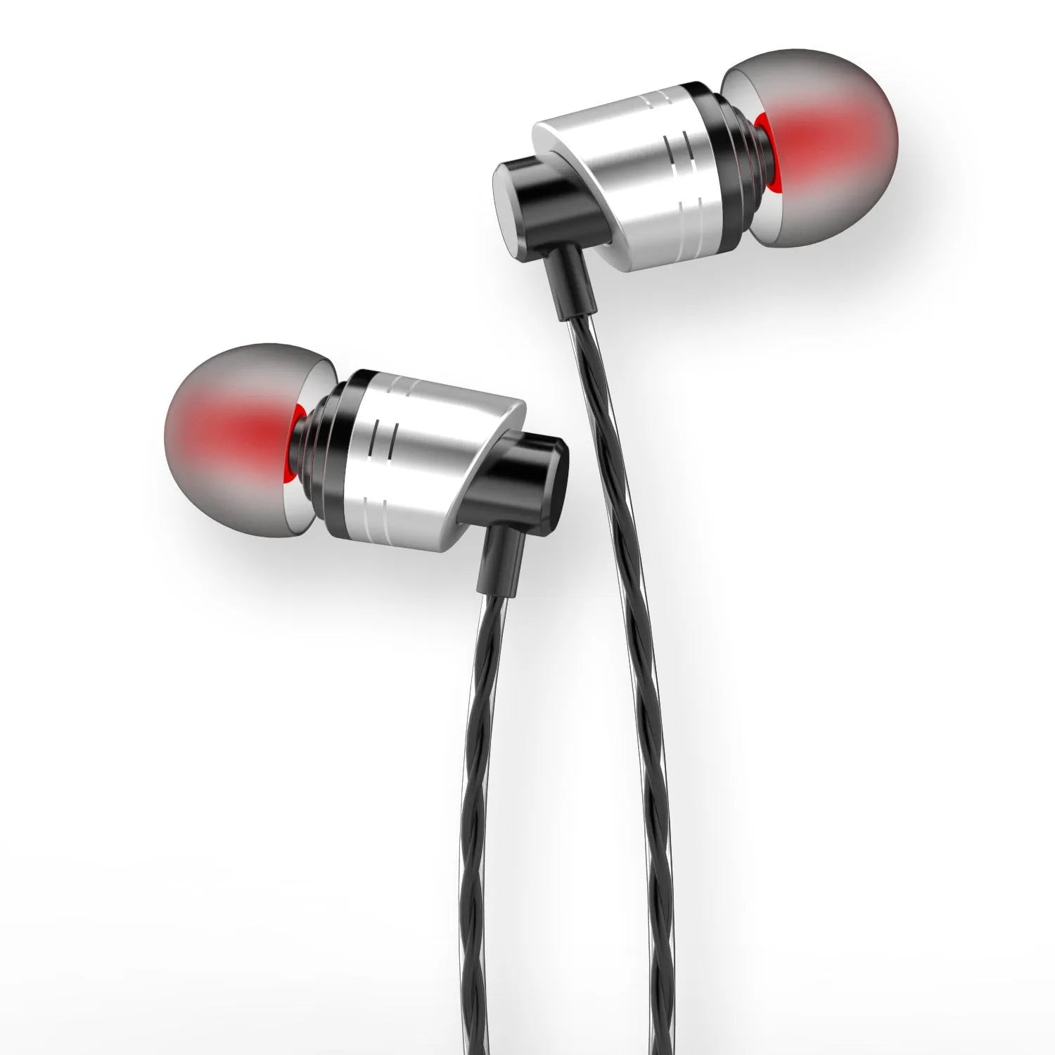 Wired in-ear headset with 3.5mm plug, microphone on cable, in black, blue, or red.