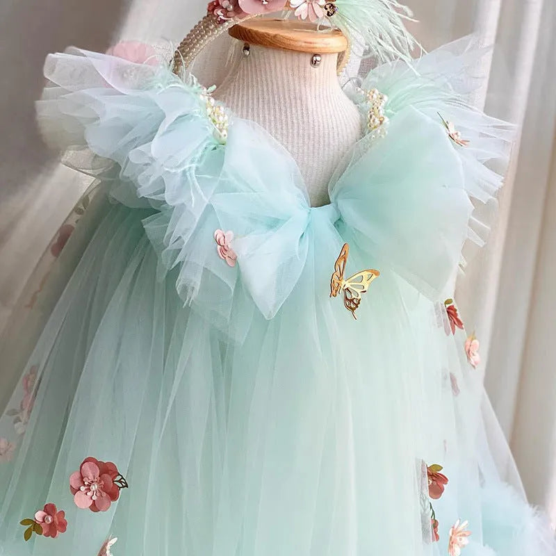 Children's princess dress with flower and butterfly embroidery on bodice in picture colour