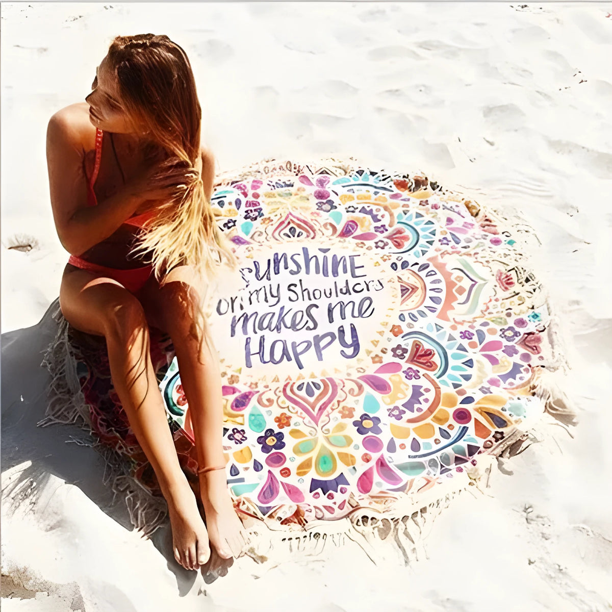 Multifunctional Bohemian beach towel and bikini cover-up in green, pink, feather, happy or gradient purple polyester