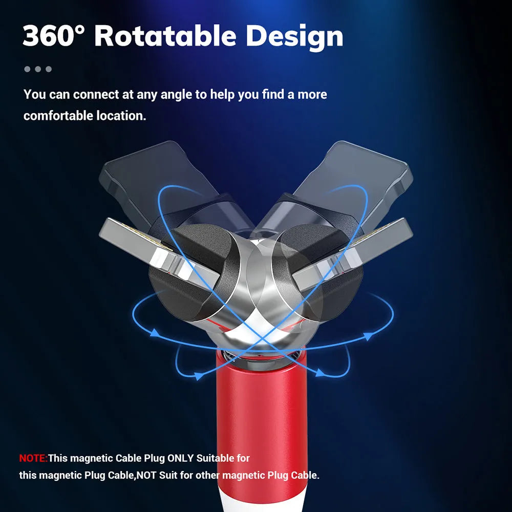 Black magnetic charging cable with spherical rotating connector next to a mobile phone.