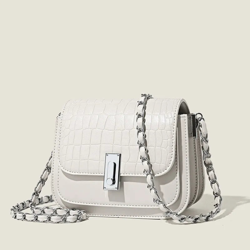 Women's soft PU chain shoulder bag in black, white, or green with internal phone pocket