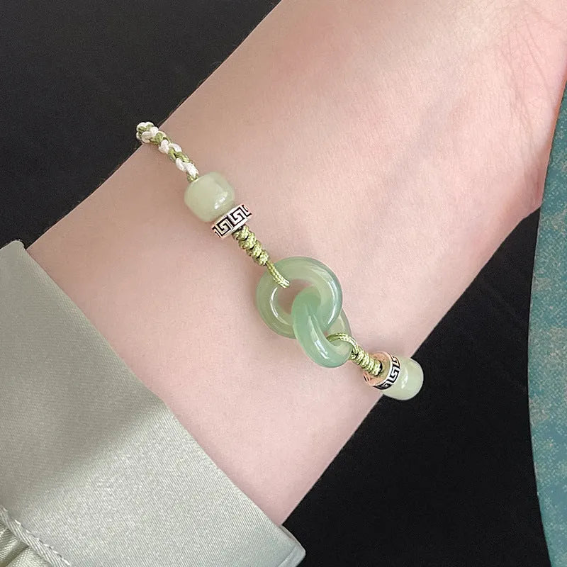 Jade green copper bracelet with peace buckle double ring design and ethnic style weaving