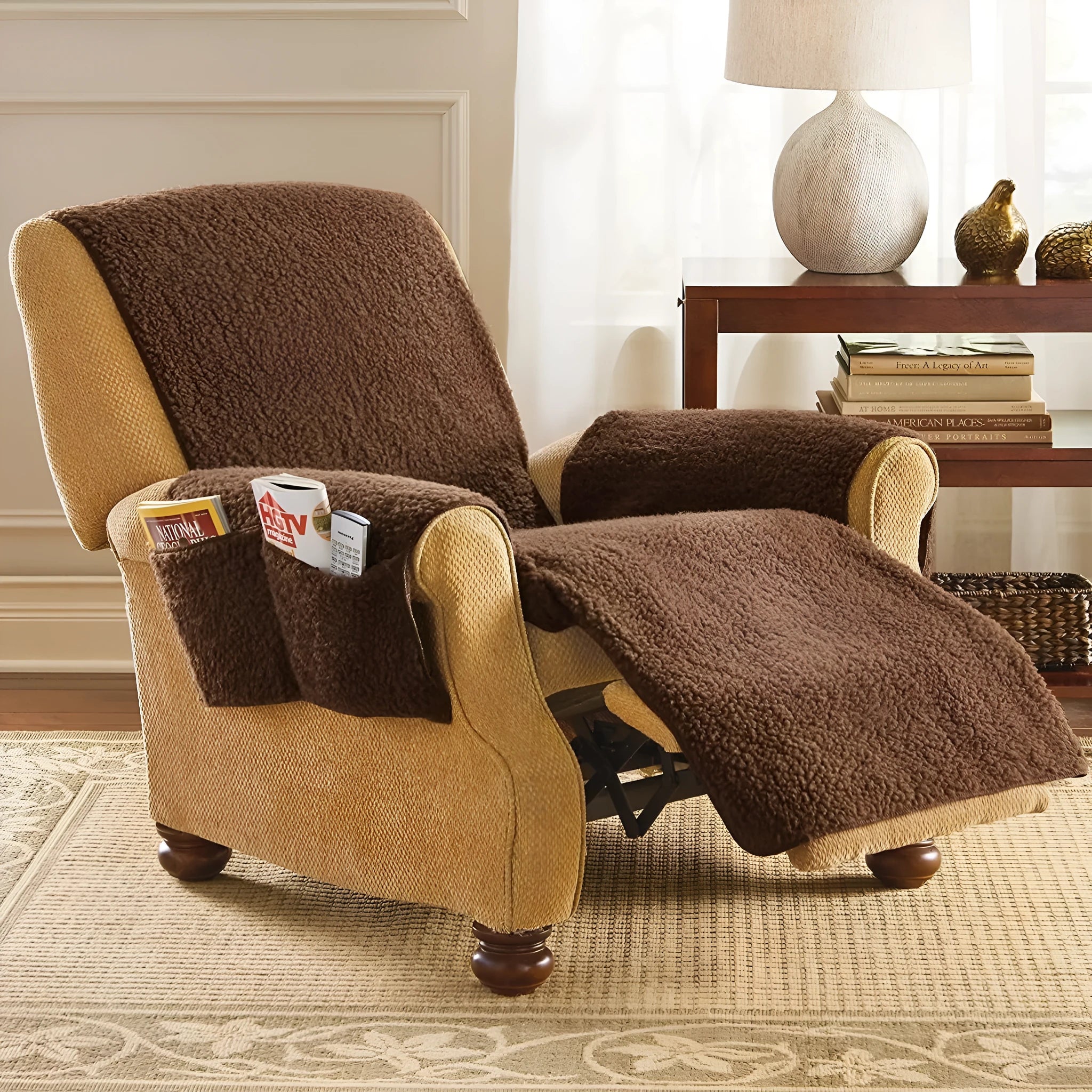 Polyester sofa cushion slipcover in a lambswool beige colour, shown on a seat cushion.