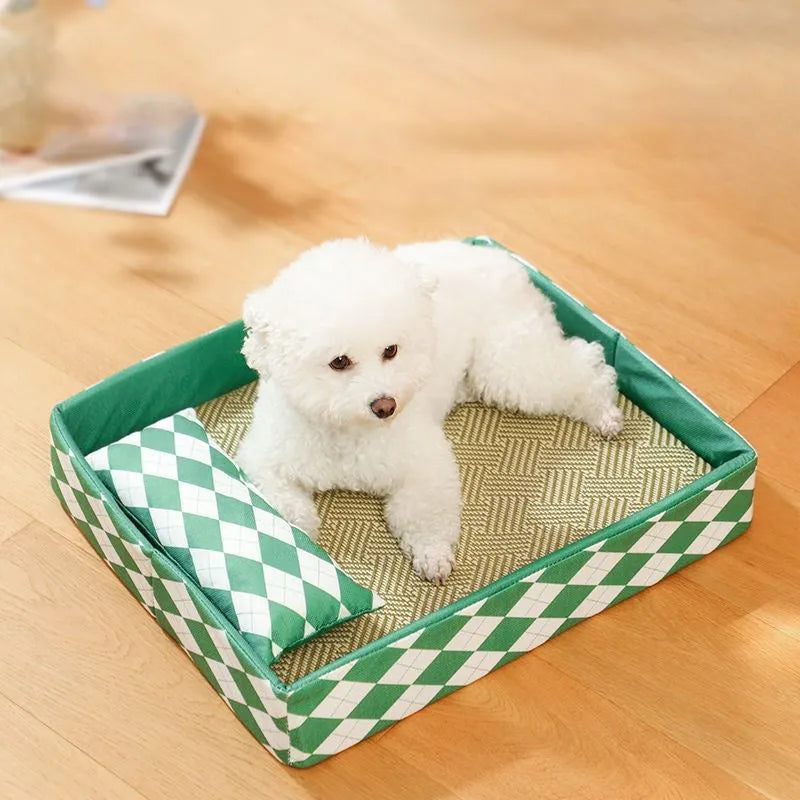 Blue woven rattan cat mat with raised edges, shown beside a cat litter tray.