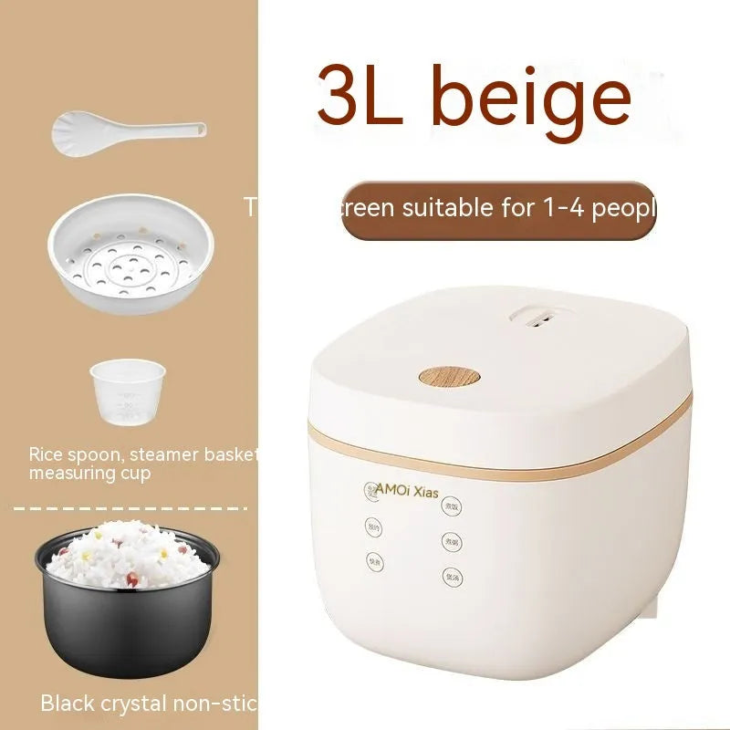 White or beige 3-litre rice cooker with black inner pot and included accessories