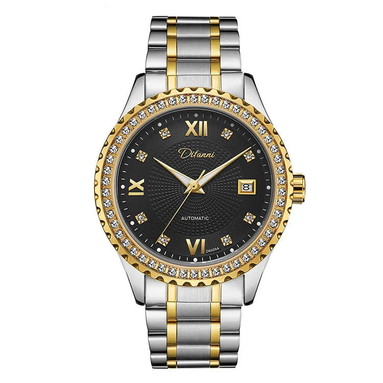 Men's gold automatic mechanical watch with luminous hands on a black dial, showing a 13mm thick waterproof case.