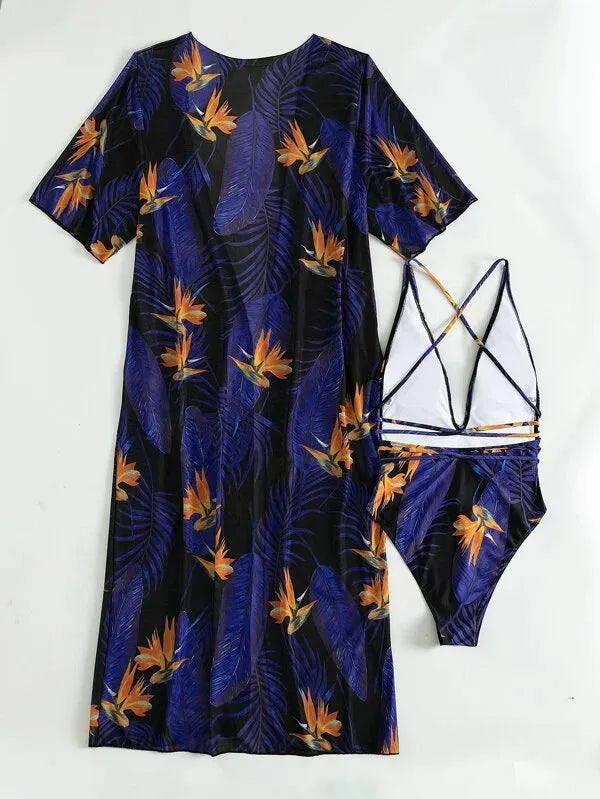 Women's three-piece bikini swimsuit set in a multicolour pattern with a matching cover-up coat.