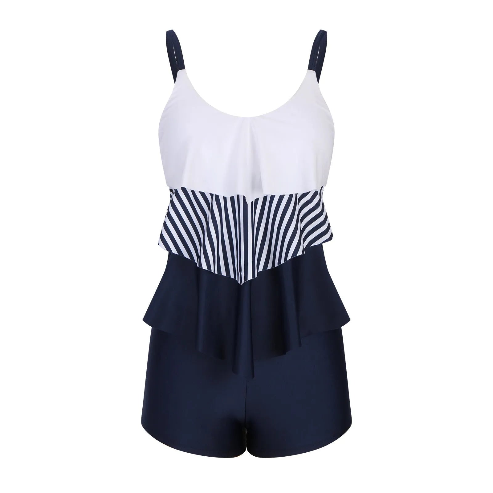 Ladies conservative stripe one-piece swimsuit with boyshorts bottom and side splits