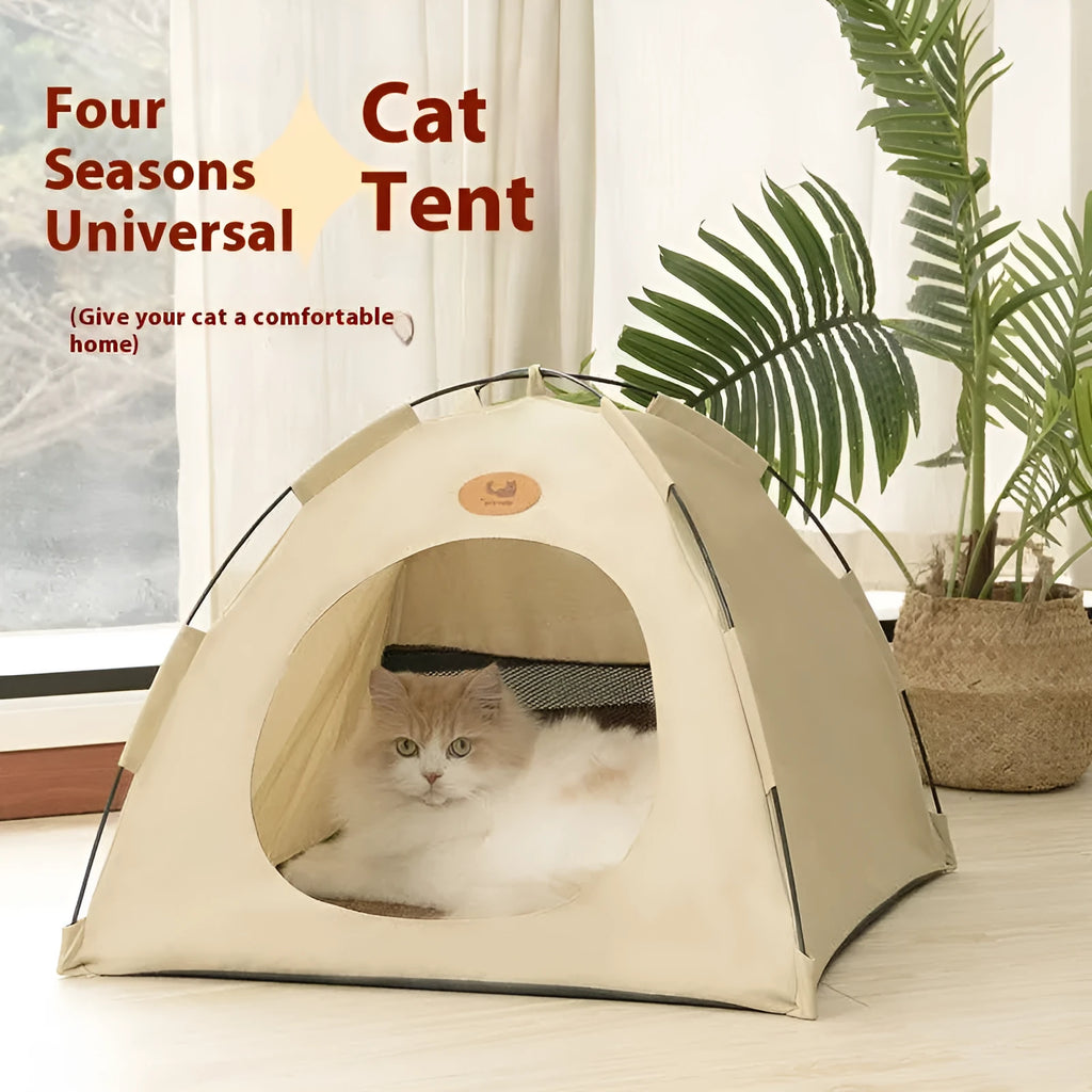 Four Seasons semi-enclosed cat tent with beige summer mat and three self-play balls on floor