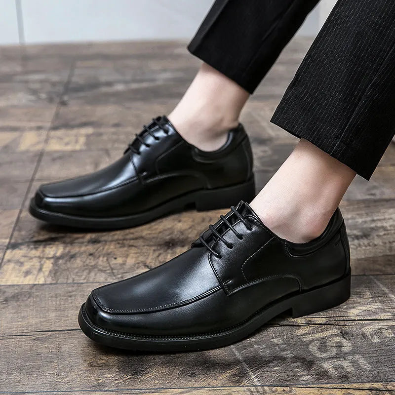 Low-top men's square toe business casual leather shoes in black and brown with rubber sole