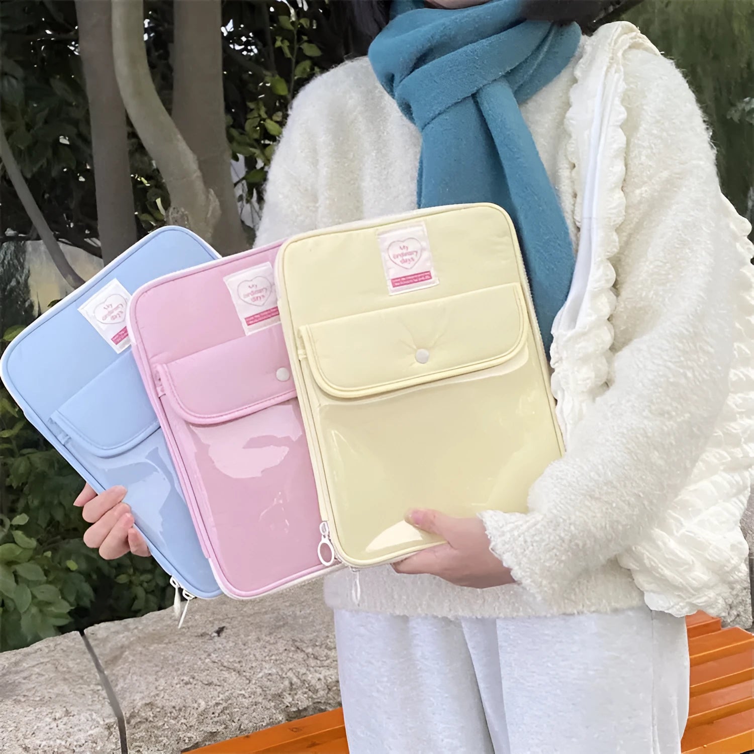 Nylon tablet PC bag with snap pocket closure and elastic strap in five colour options