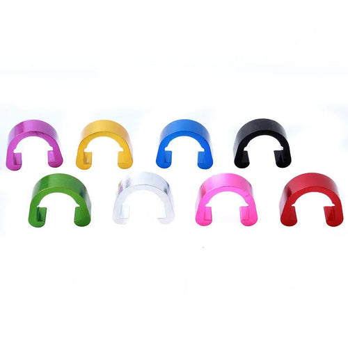 Ten aluminium alloy C-shaped buckles in assorted colours on a white background.