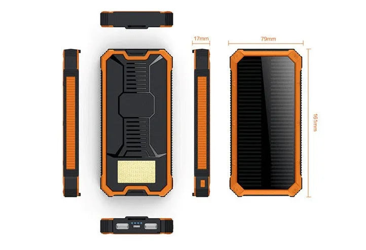 Solar power bank portable charger with plastic housing in black, green, orange, or yellow colour options