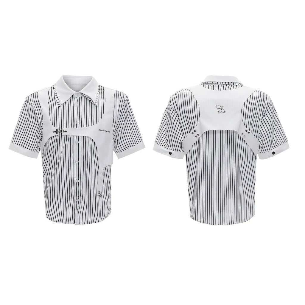 Men's double collar striped cotton shirt in loose fit with short sleeves
