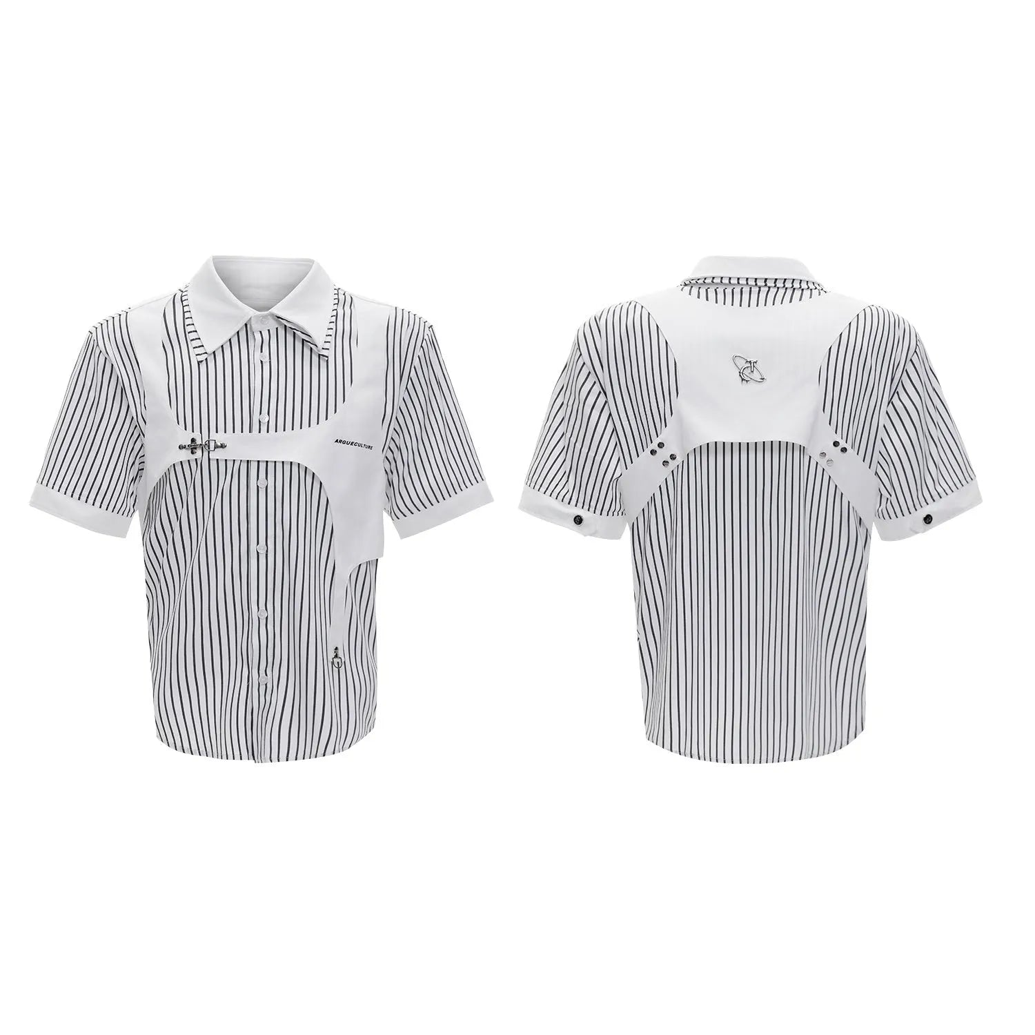 Men's double collar striped cotton shirt in loose fit with short sleeves