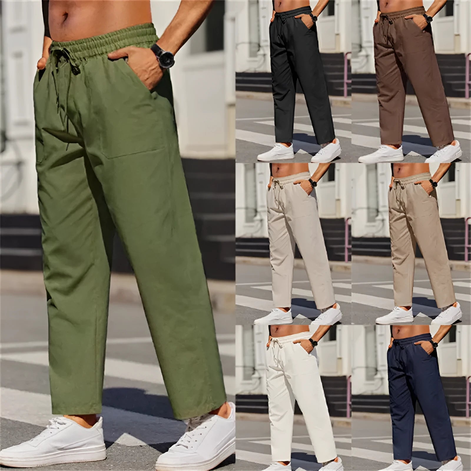 Men's straight-leg linen casual trousers in apricot colour with an elastic waistband.