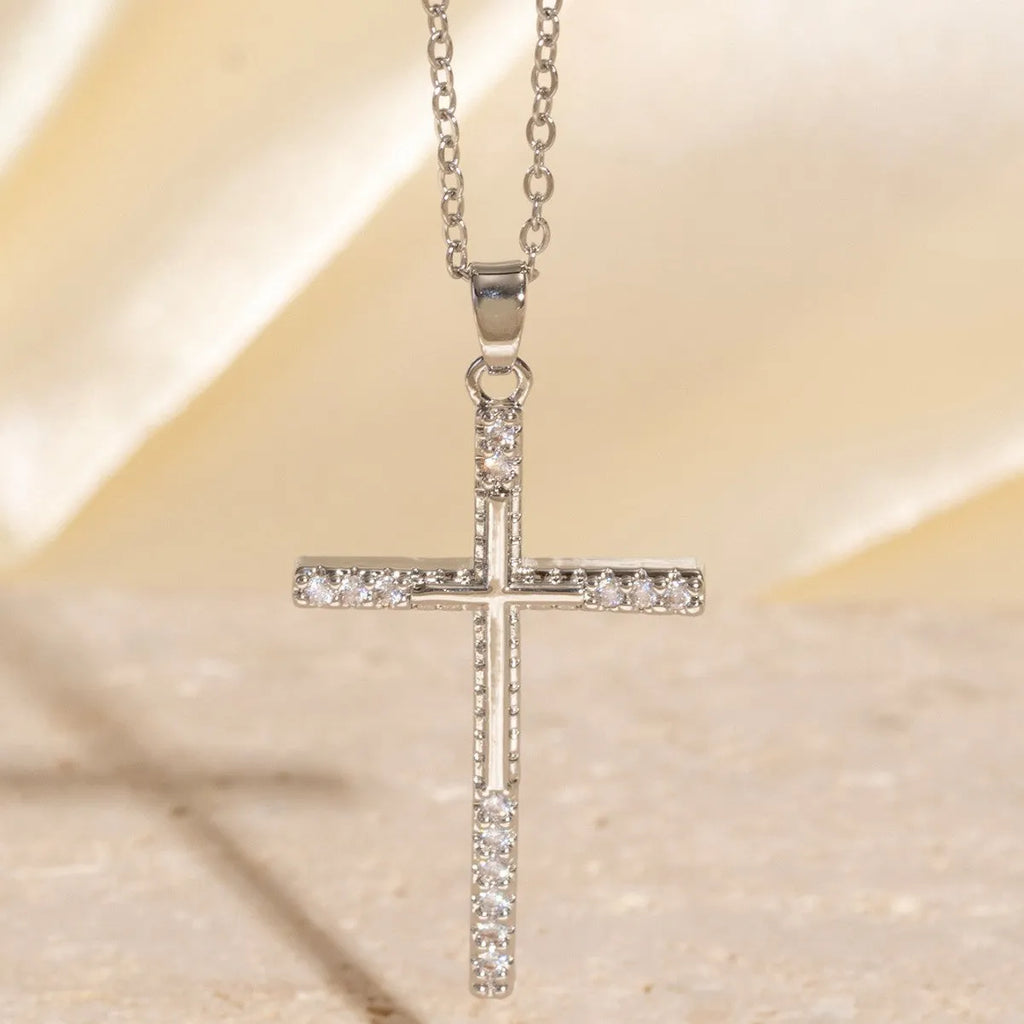 Real gold electroplated micro inlaid zircon cross necklace on copper pendant with O-ring chain, adjustable 41-50cm, simple geometric style