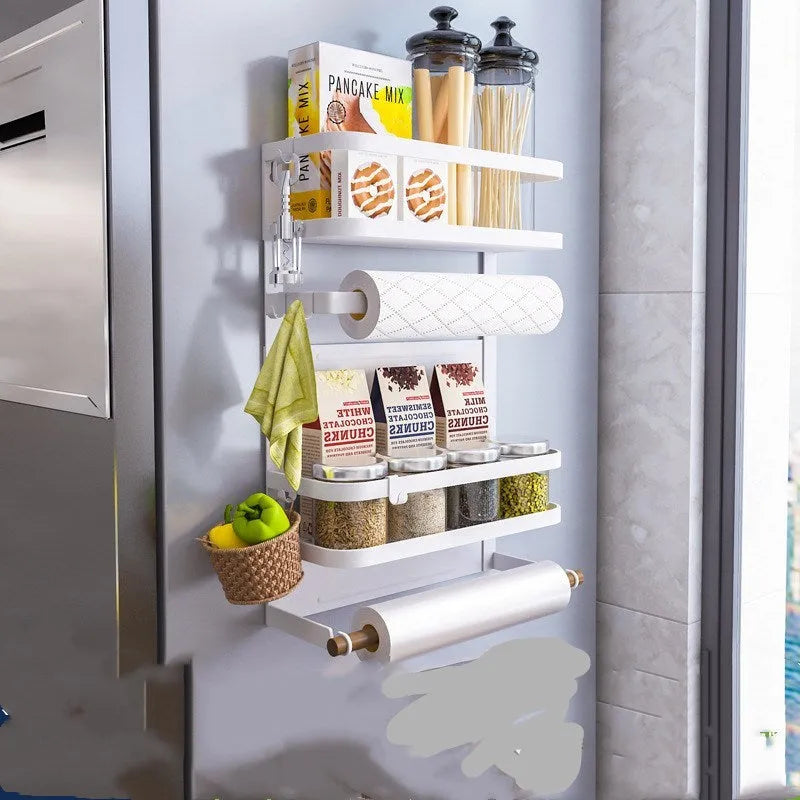 Magnetic wall-mounted kitchen side shelf in black on refrigerator with quick-draining metal design
