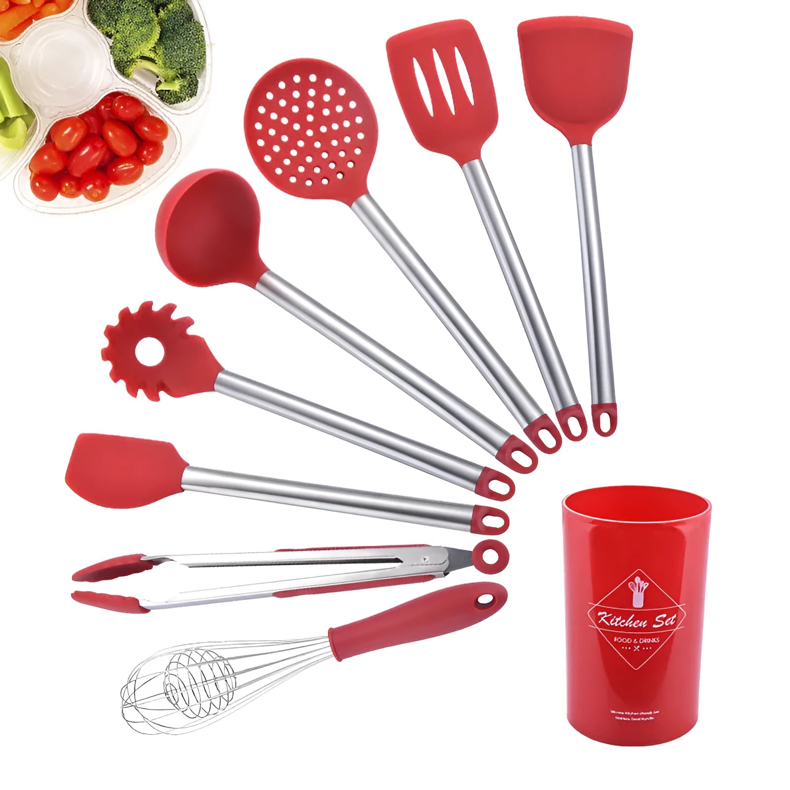 8-piece silicone kitchenware set with stainless steel tube handles in black and red, including spatulas and colander