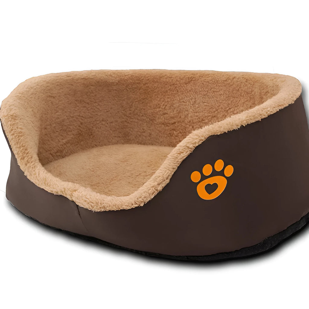 Round brown fleece dog bed with PP cotton filling and Oxford fabric, shown for small and medium dogs with breathable design