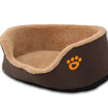 Round brown fleece dog bed with PP cotton filling and Oxford fabric, shown for small and medium dogs with breathable design