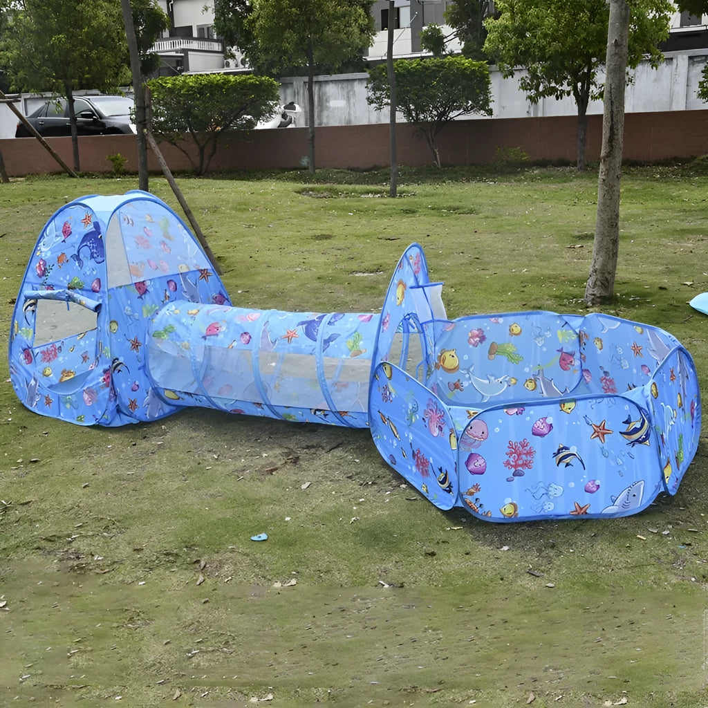 Children's three-in-one tent play set with ball pool and tunnel in marine theme