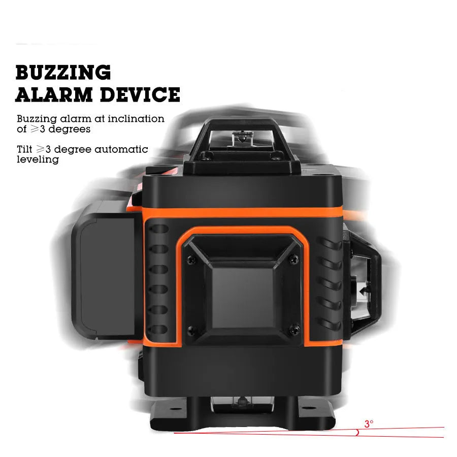 Rotating laser level with orange level meter displaying 16 alignment lines