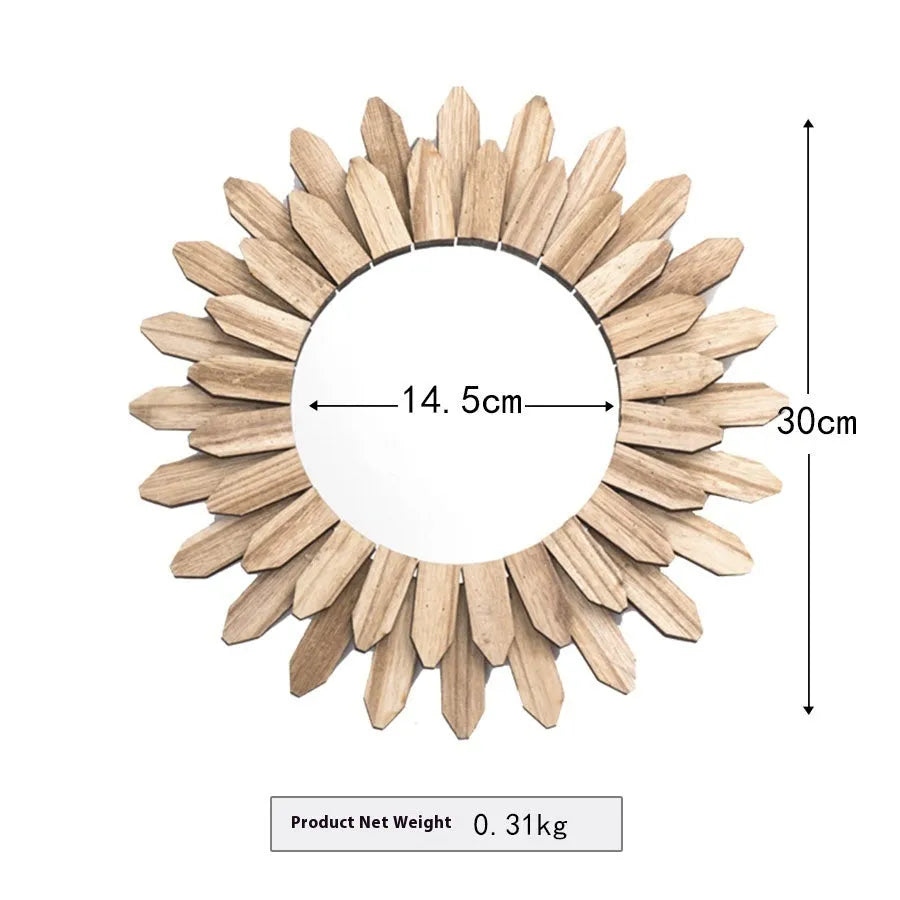 European-style round solid wood hanging mirror with a baked colour finish on a wall.