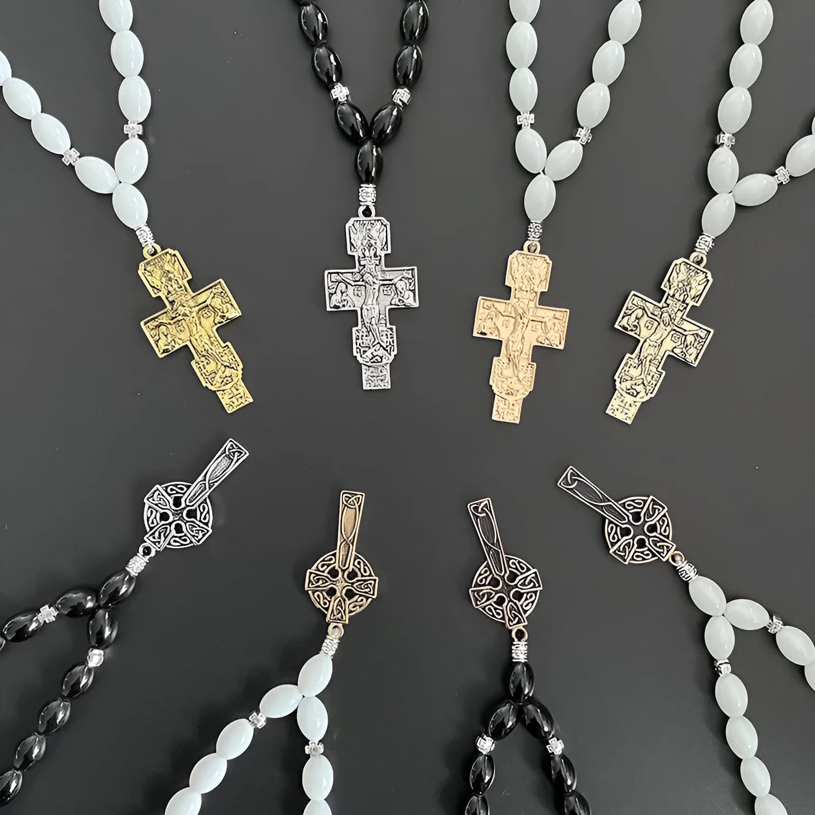 Cross beads metal car rearview mirror pendant with crown and Roman numerals in Ancient Gold finish