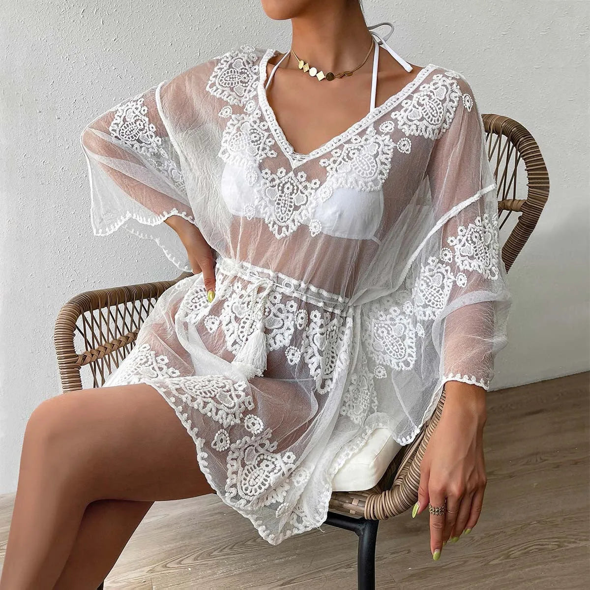 White polyester beach blouse with free size fit for swimming and sun protection