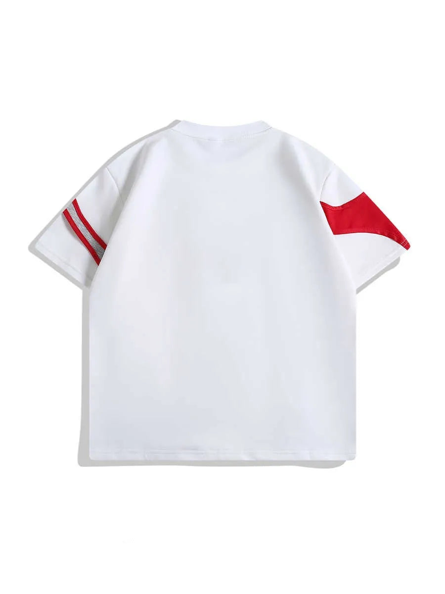 Black short sleeve t-shirt on a hanger showing round neck and double-stitched padded shoulder straps.