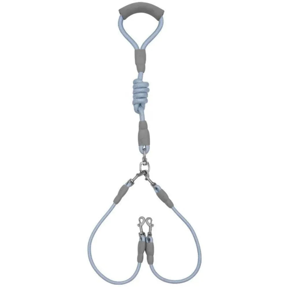 Blue double dog leash for two small dogs with a soft foam handle and metal clips.