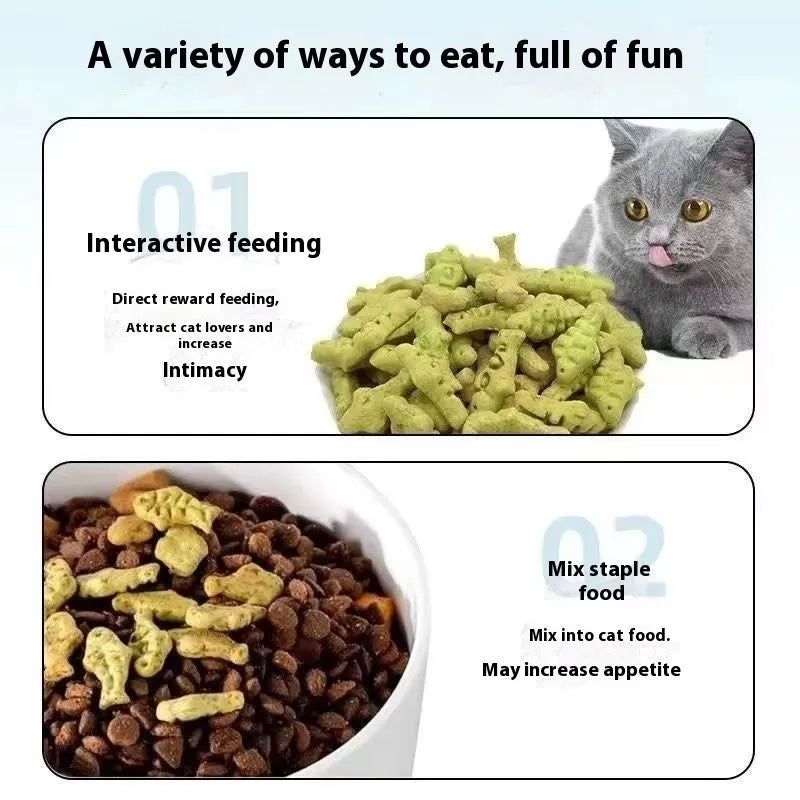 300 or 830 count cat grass snack biscuits in small fish shape, in a container