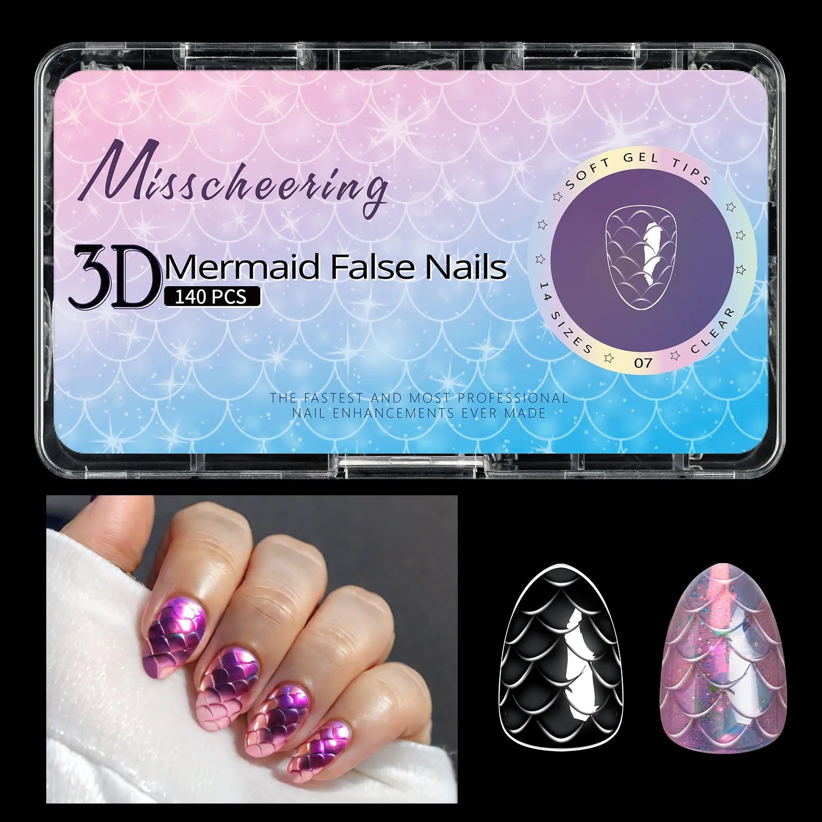 3D scale long shaping artificial nail tips with deep C-curve in Frigate Box colour options
