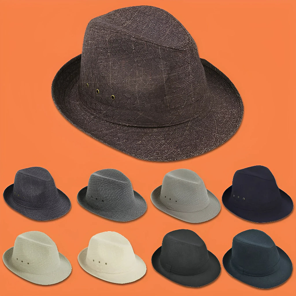 Classic brown fedora hat for men with a reinforced brim, shown on a wooden stand.