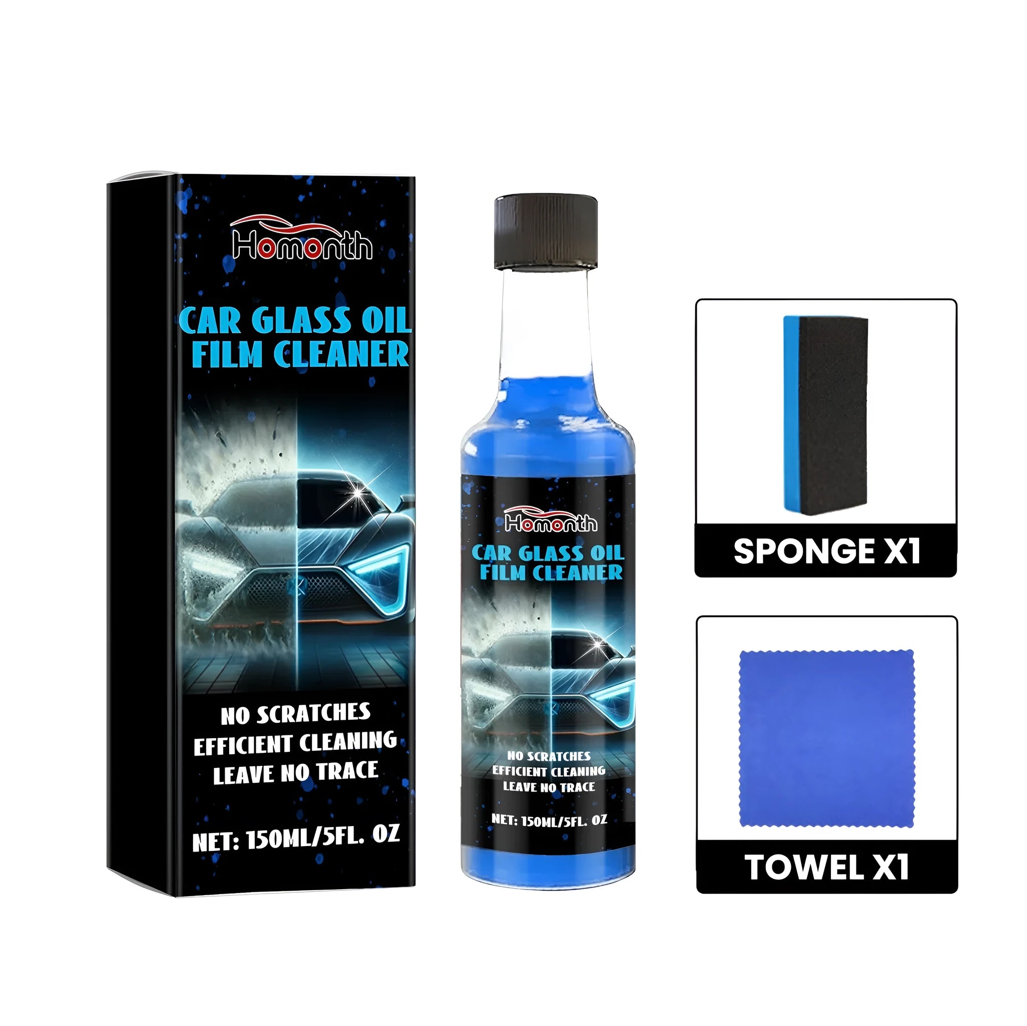 Blue packaged 150ml car glass oil film cleaner bottle with sponge and towel