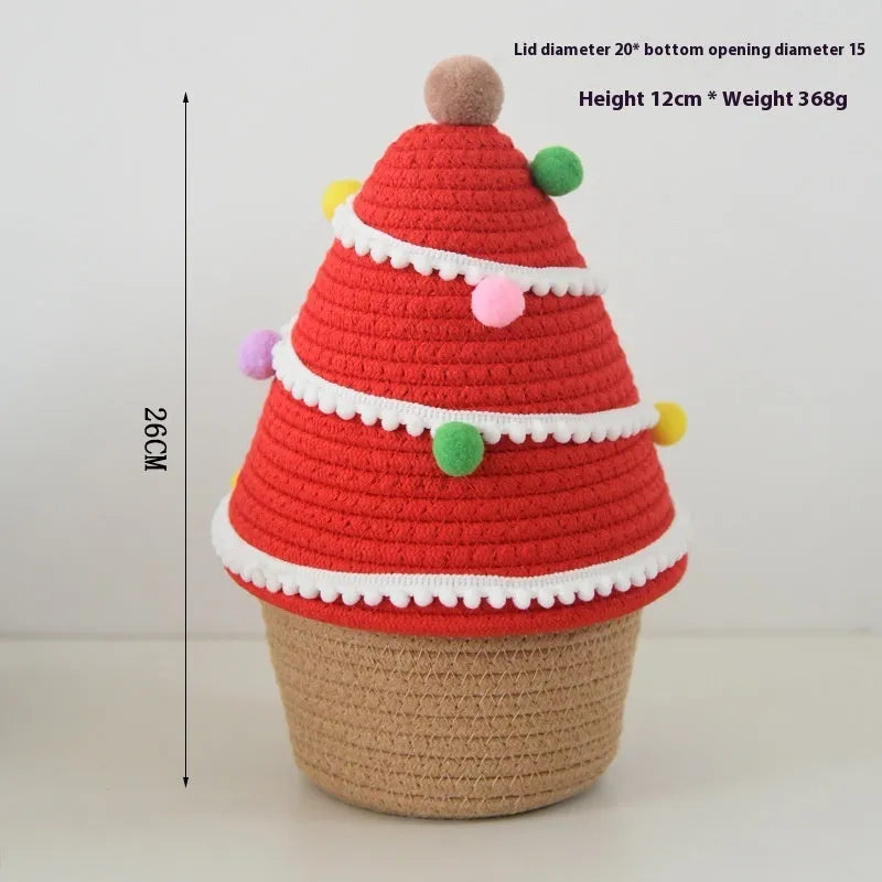 Christmas decoration storage basket in cotton thread with green Christmas tree colour
