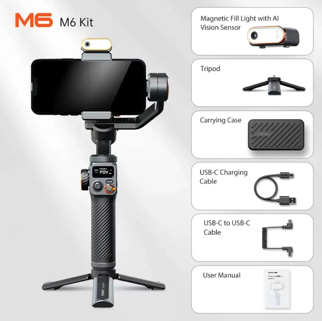 Black AI face tracking smartphone gimbal stabiliser with magnetic fill light attached and tripod extended.