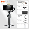 Black AI face tracking smartphone gimbal stabiliser with magnetic fill light attached and tripod extended.