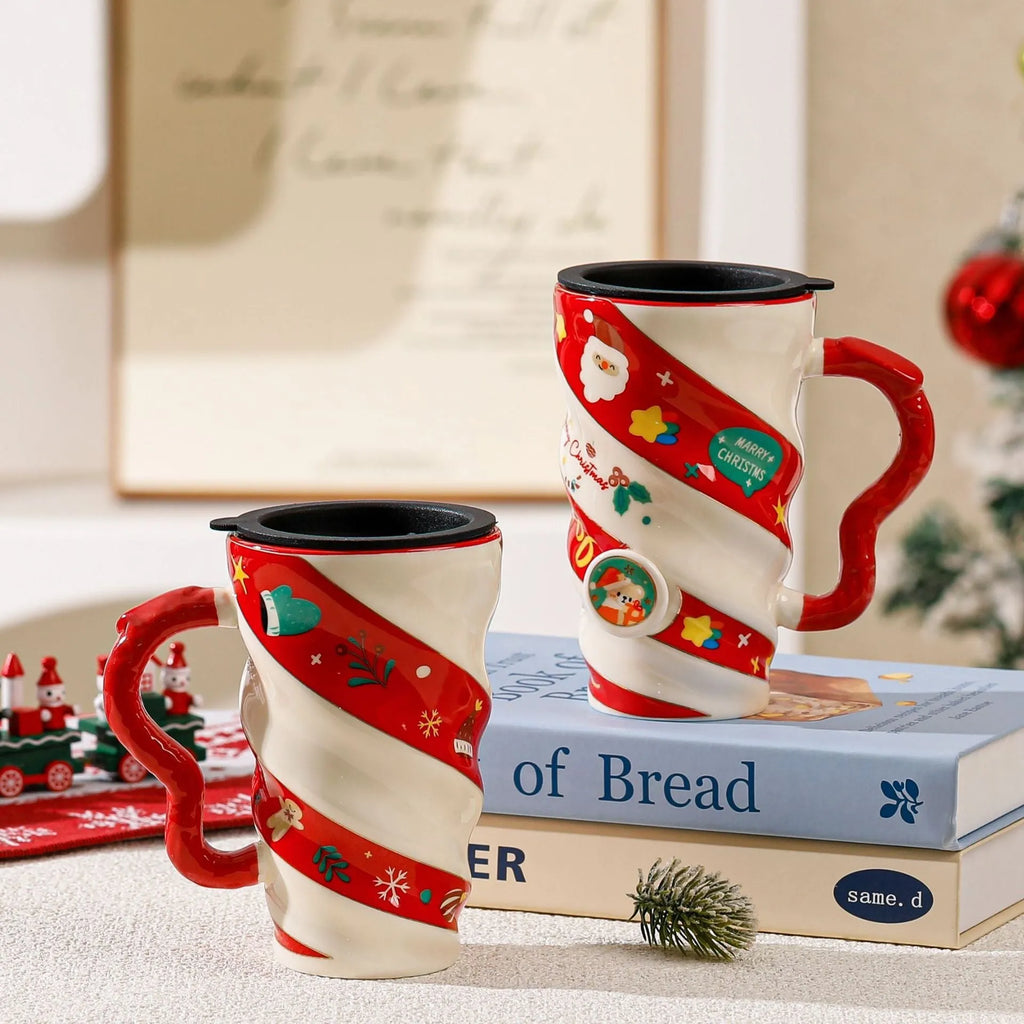 Christmas couple ceramic mug with cartoon pattern, 401-500ml capacity, household cup set