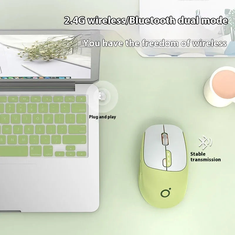 Mute wireless Bluetooth and 2.4GHz computer mouse in Matcha Green colour on a wooden desk
