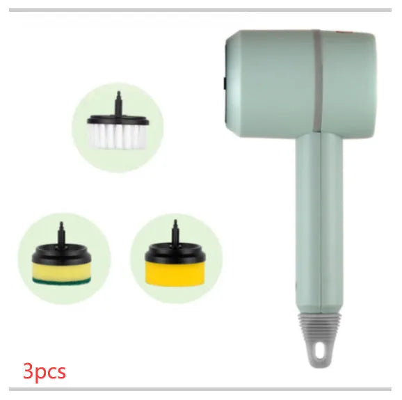 White electric cleaning brush with rotating scrub head and separate scouring pad attachment