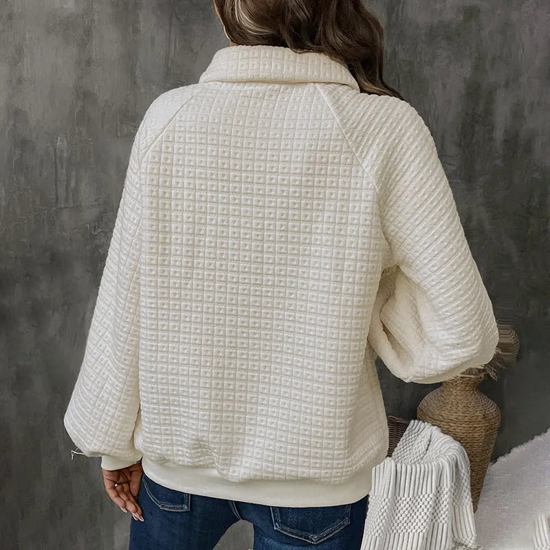Milky white women's sweater with a textured polo collar and long sleeves