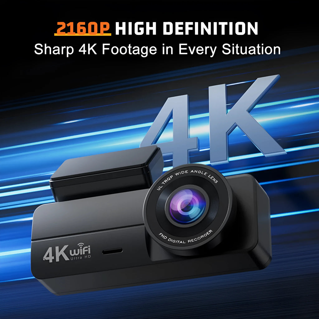HD WiFi 4K driving recorder with loop recording, gravity sensor, and 1.5-inch IPS display in black