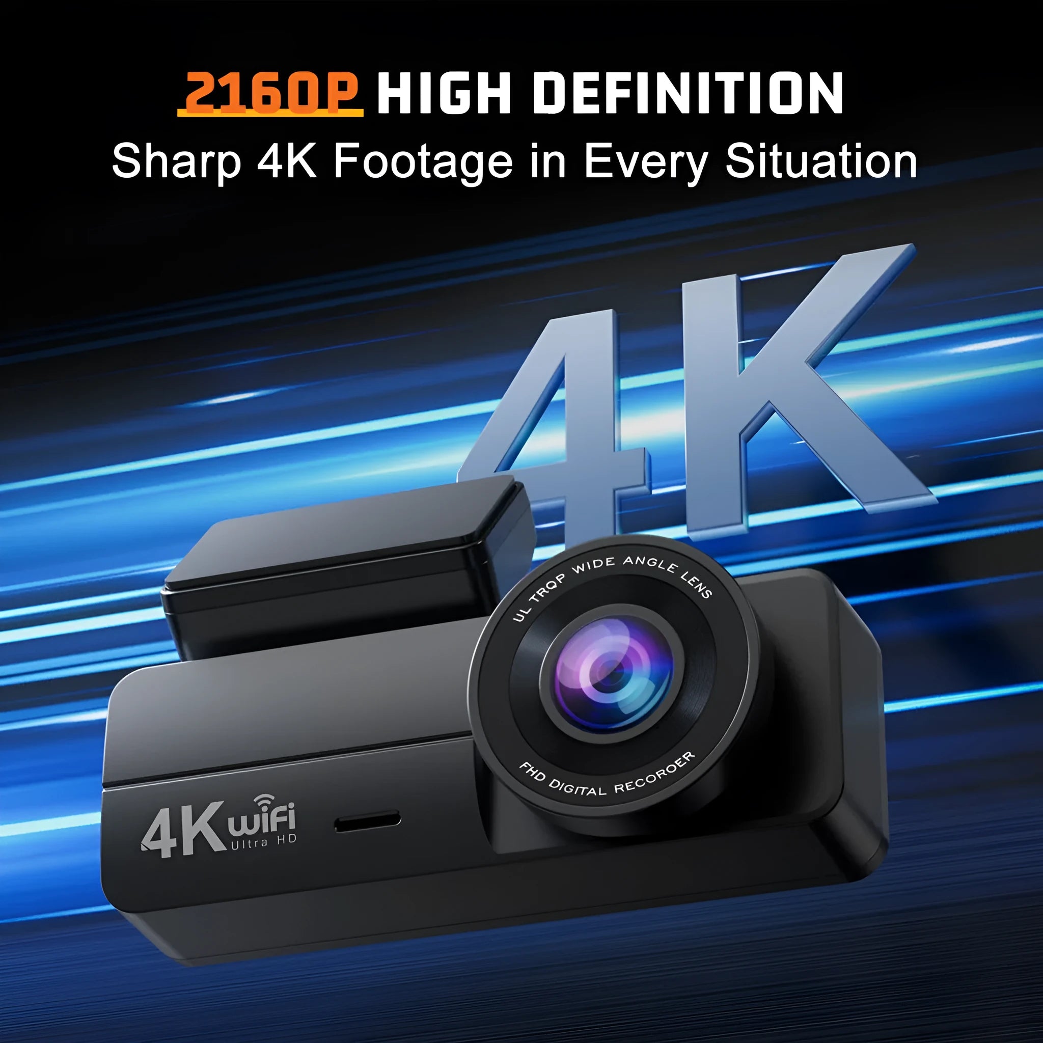 HD WiFi 4K driving recorder with loop recording, gravity sensor, and 1.5-inch IPS display in black